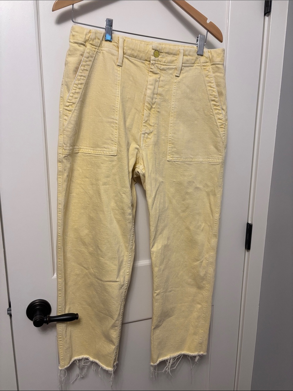 MOTHER Cropped Frayed-Hem Utility Pants in Pale Yellow